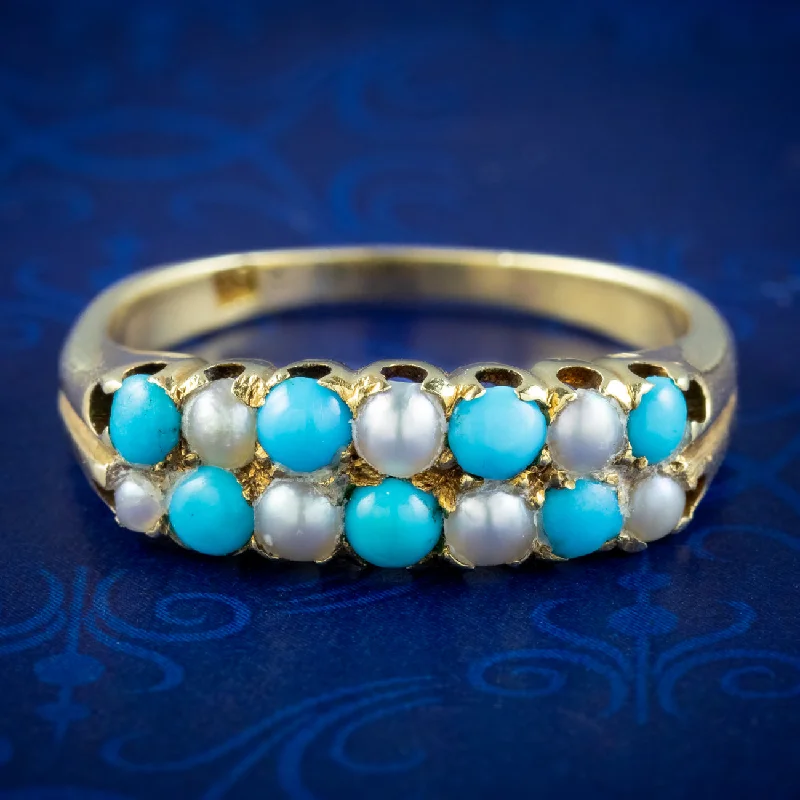 Glittering crystal rings-Antique Victorian Turquoise Pearl Checkerboard Ring