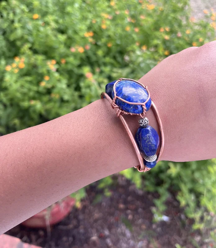 Bead row bangles-Lapis Lazuli with 6-Sided Faceted Oval Lapis Side Stones Handmade Wirewrapped Bracelet