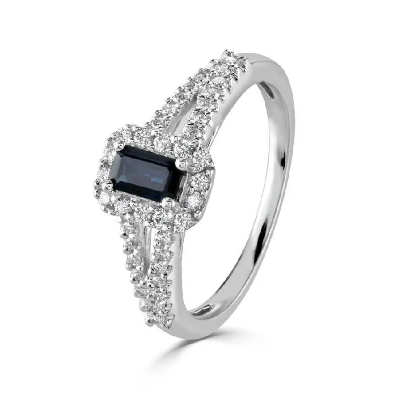 Pure eternity engagement rings-9ct White Gold Emerald Cut Sapphire & Diamond Cluster Ring with Diamond Set Split Shoulders