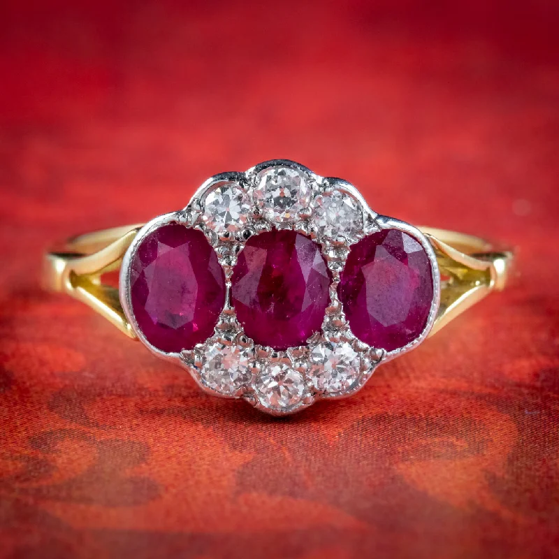 Leaf design rings-Edwardian Style Ruby Diamond Cluster Ring 18ct Gold 1.25ct Of Ruby