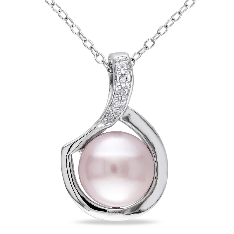 Lunar glow necklaces-Miadora Sterling Silver Pink Cultured Freshwater Pearl and Diamond Accent Floating Swirl Dangle Necklace (9-9.5 mm)