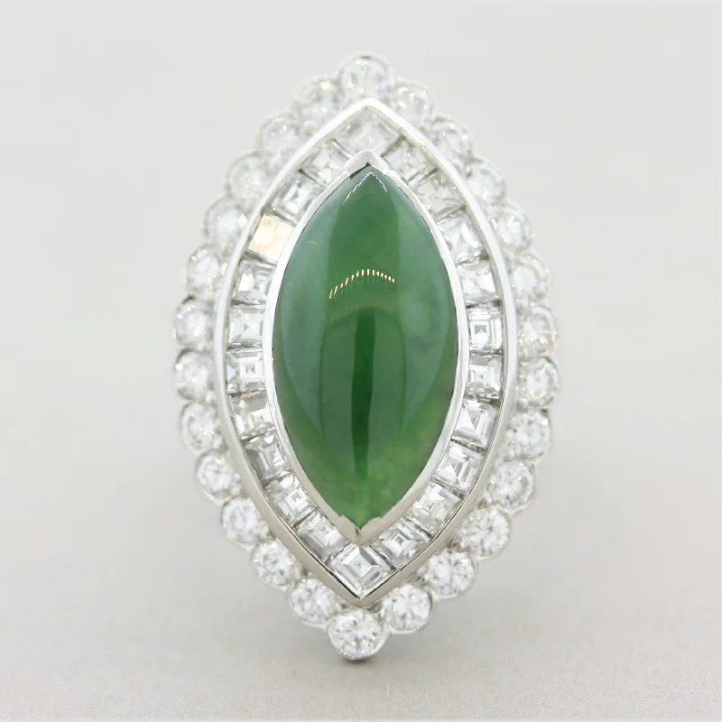 Light wood rings-Jadeite Jade Diamond Platinum Navette-Style Cocktail Ring, GIA Certified