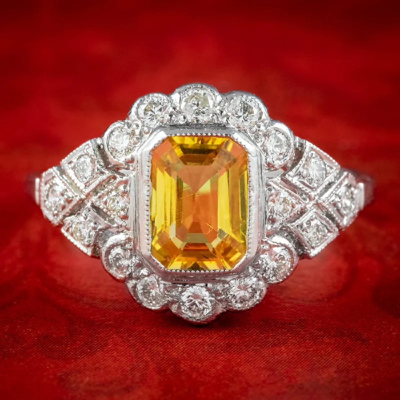 High gloss rings-Art Deco Style Yellow Sapphire Diamond Ring 1.2ct Sapphire