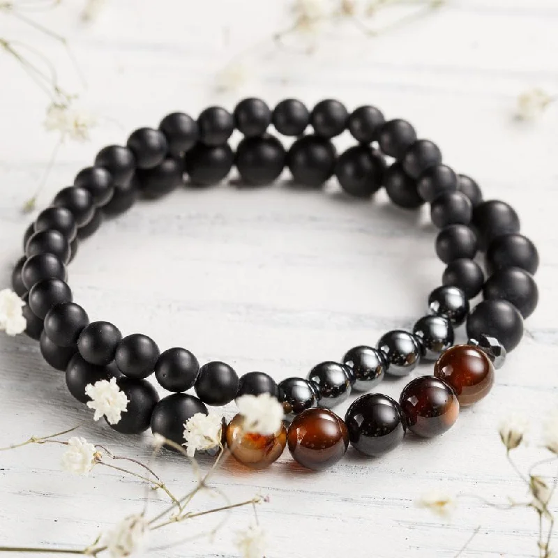 Loop charm bangles-Balancing Hematite & Agate Bracelet Set