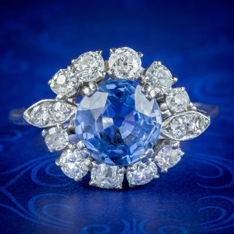 Dusk gothic rings-Vintage Sapphire Diamond Cluster Ring 3.30ct Sapphire With Cert