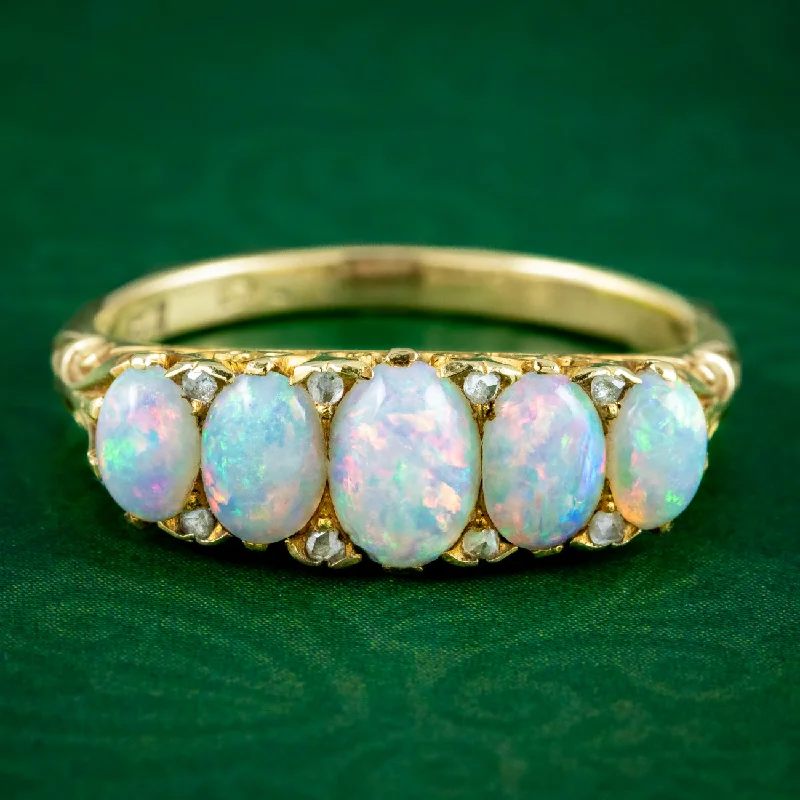 Bold cocktail rings-Antique Victorian Opal Diamond Five Stone Ring 1.7ct Of Opal