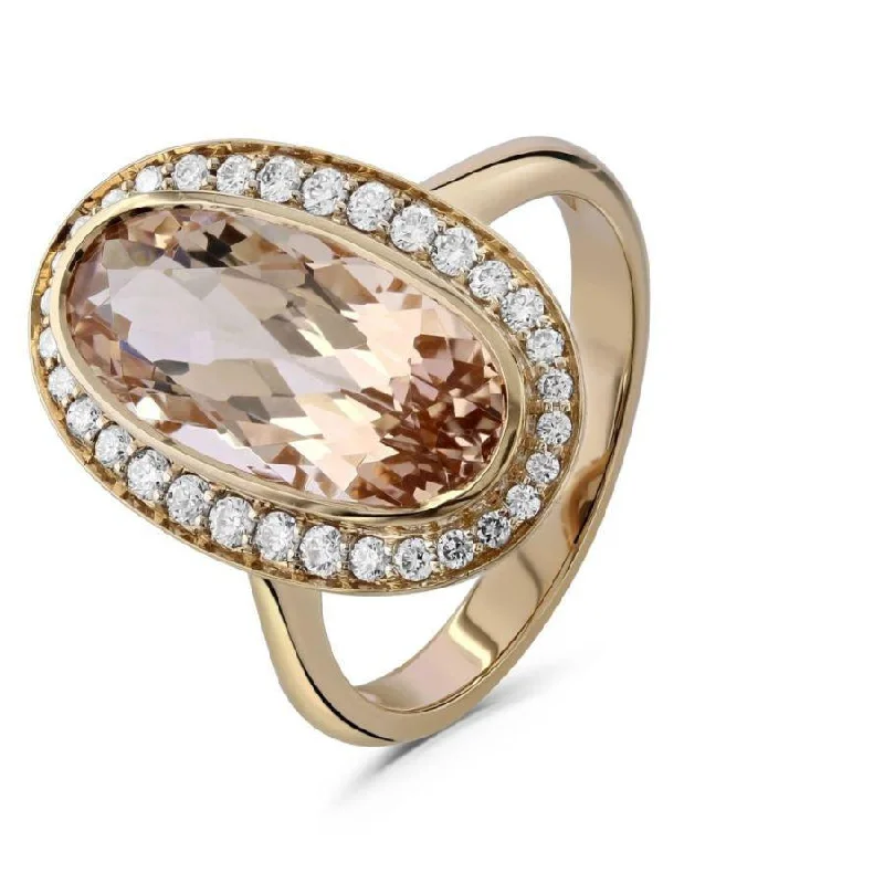 Subtle accent engagement rings-18ct Rose Gold Oval Cut Morganite & Diamond Halo Cluster Ring