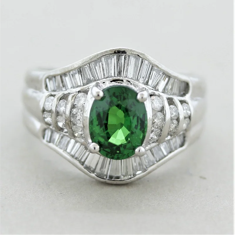 Matte band rings-Tsavorite Garnet Diamond Platinum Ring