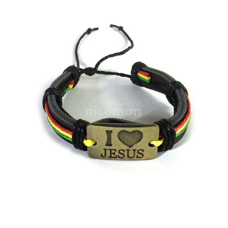 Braided silk bangles-I Love Jesus Bracelet Cuff Adjustable Fit Draw String Jesus Christ Leather 1SZ