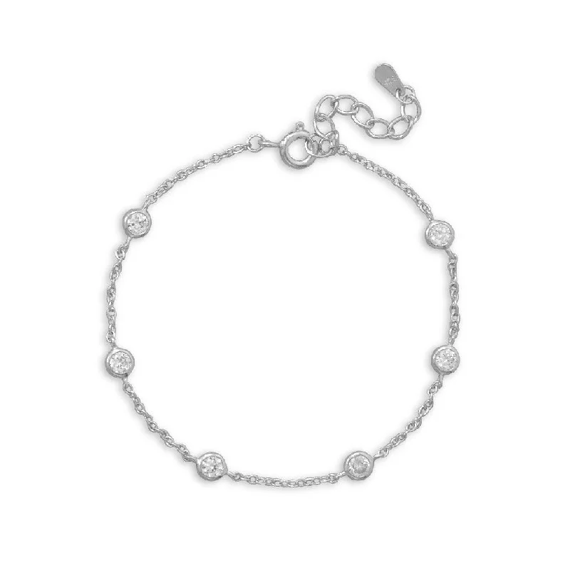 Bead charm bangles-7"+1" Extension Rhodium Plated 6 Bezel Set CZ Bracelet