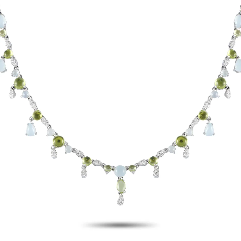 Mixed metal necklaces-Bucherer White Gold 0.55ct Diamond, Aquamarine and Peridot Necklace BU15-071224 Length 17 Inch