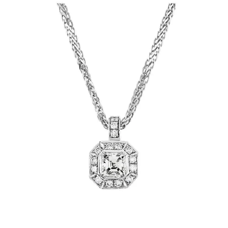 Dove feather engagement rings-18ct White Gold Asscher Cut Diamond Octagonal Halo Cluster Pendant