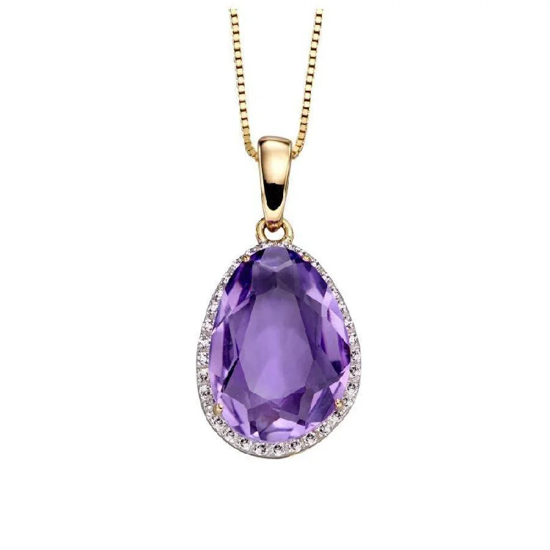 Java tile engagement rings-9ct Yellow Gold Irregular Cut Amethyst & Diamond Halo Cluster Pendant