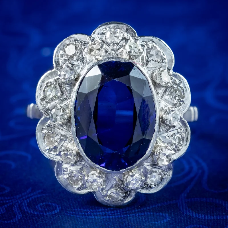 Cultured pearl rings-Antique Edwardian Blue Sapphire Diamond Cluster Ring 4.2ct Synthetic Sapphire