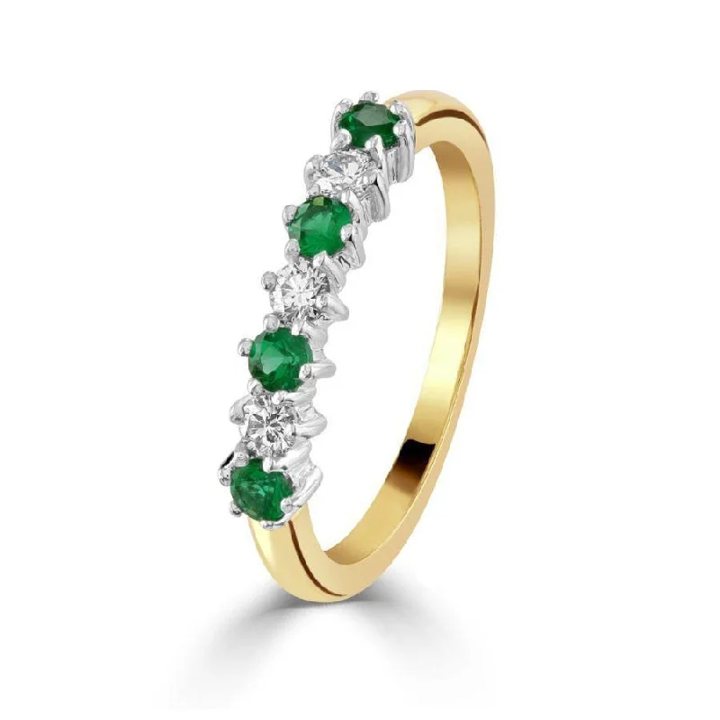 Surf gem engagement rings-18ct Yellow Gold Emerald & Diamond Claw Set Half Eternity Ring