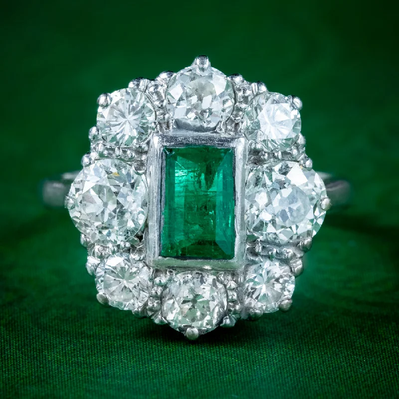 Quartz inlay rings-Antique Edwardian Emerald Diamond Cluster Ring 0.60ct Emerald