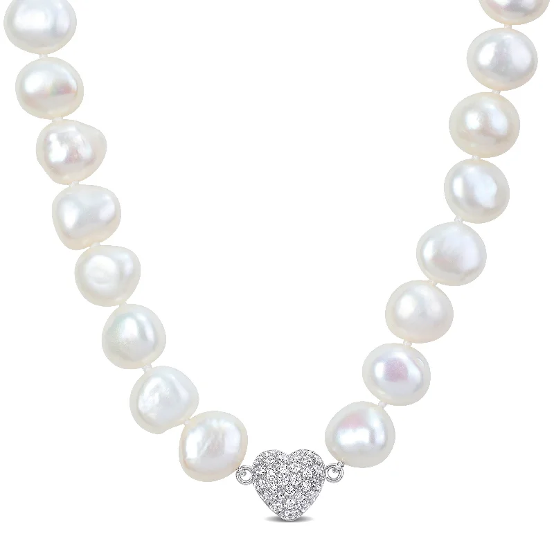 Regency style necklaces-Miadora 11-12mm Cultured Freshwater Pearl Strand & Heart-Shape Cubic Zirconia Necklace - 18 in