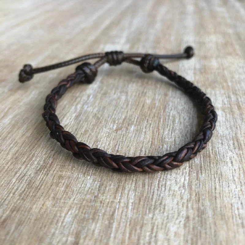 Ruby gem bangles-Key West Braided Leather Bracelet Dark Brown Unisex Adjustable