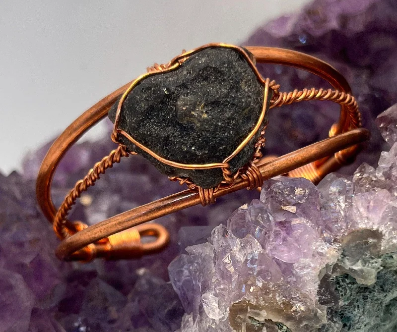 Oval stone bangles-Indonesian Tektite (Indochinite) Wirewrapped Copper Bracelet