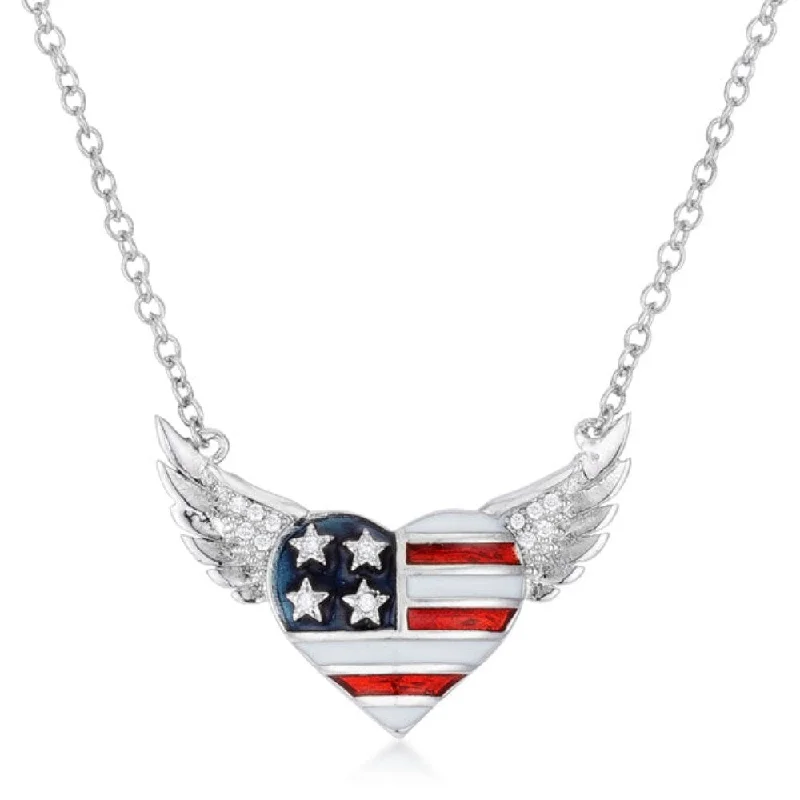 Sapphire gem necklaces-0.14 Ct Patriotic Winged Heart Necklace With Cz Accents - 16 Inch