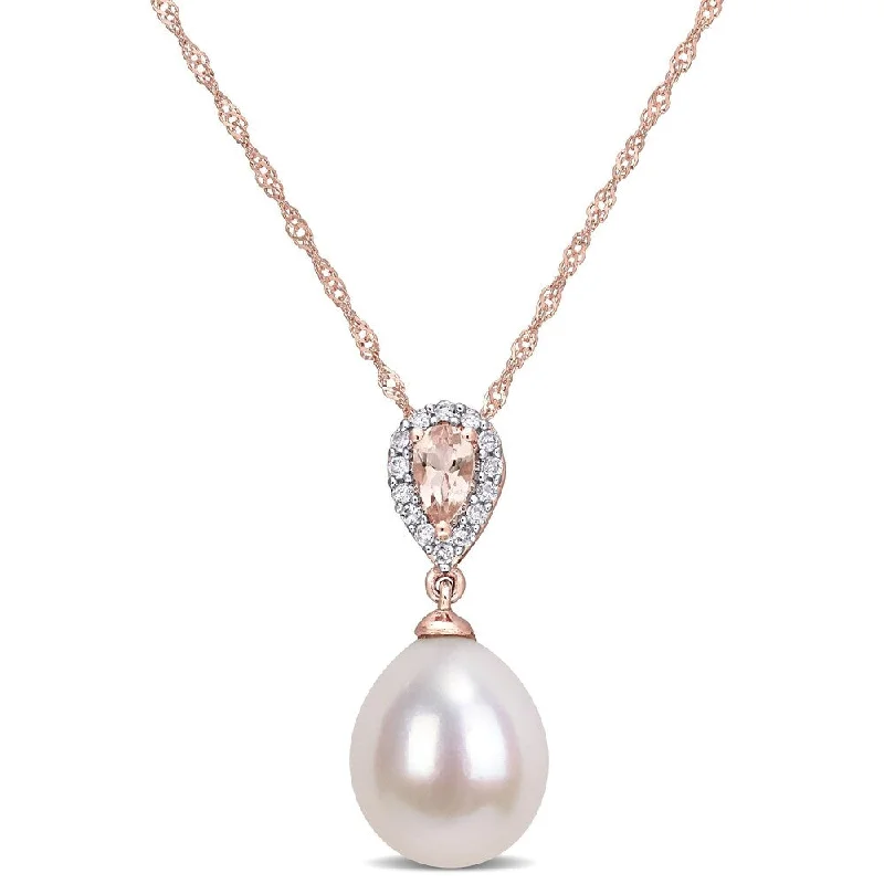 Wave pattern necklaces-Miadora 10k Rose Gold Cultured FW Pearl, Diamond and Morganite Drop Halo Necklace (9-9.5 MM)