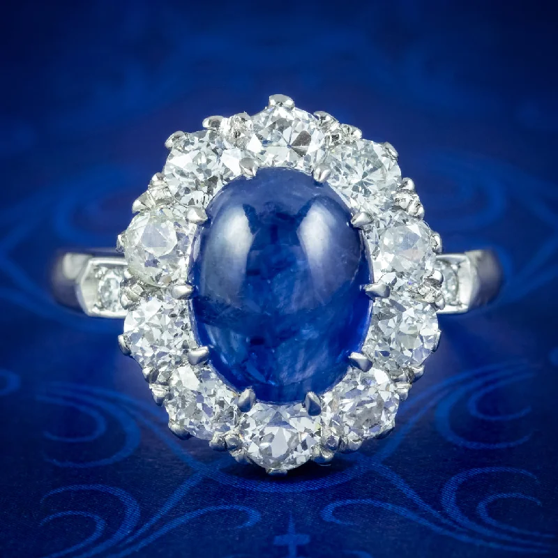 Round gem rings-Victorian Style Blue Sapphire Diamond Cluster Ring 4.12ct Cabochon With Cert