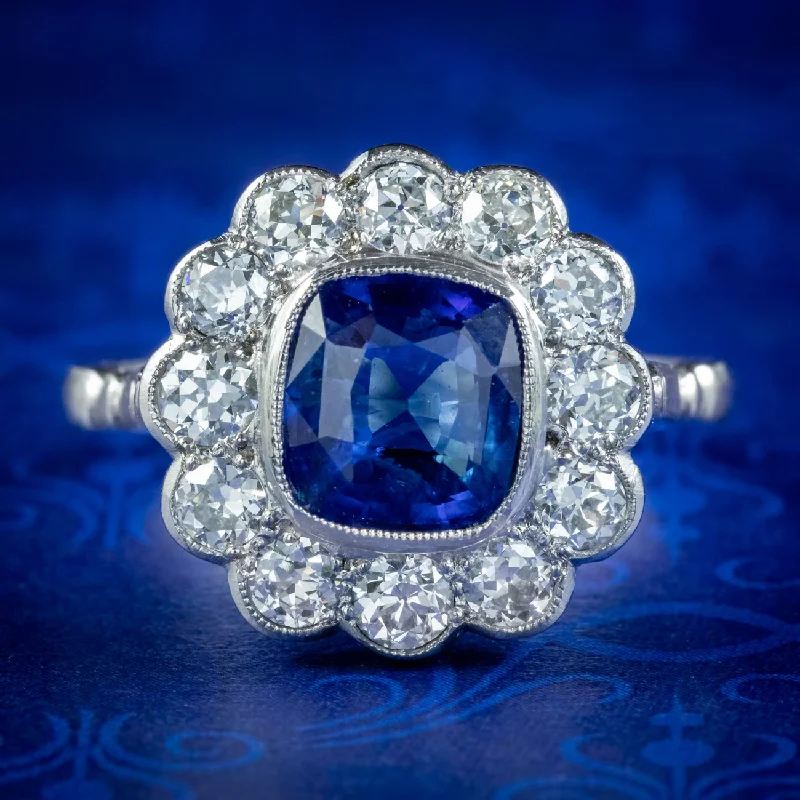 Blended metal rings-Edwardian Style Sapphire Diamond Cluster Ring 2ct Sapphire