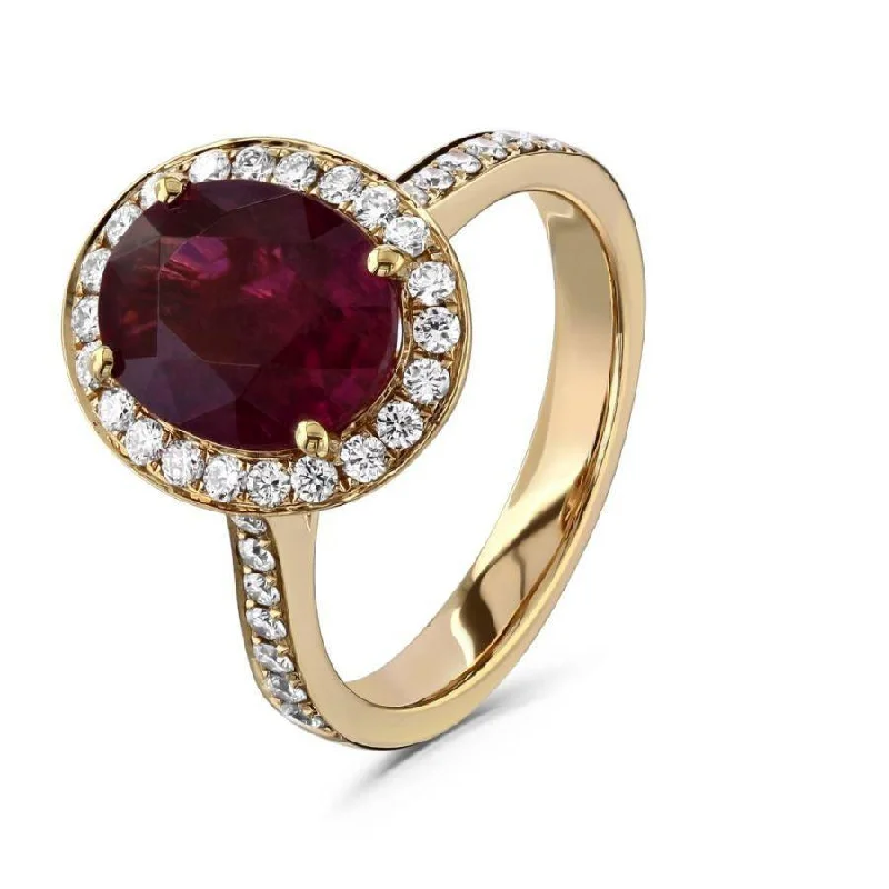 Satin finish engagement rings-18ct Rose Gold Oval Cut Rubellite & Diamond Halo Cluster Ring with Diamond Shoulders