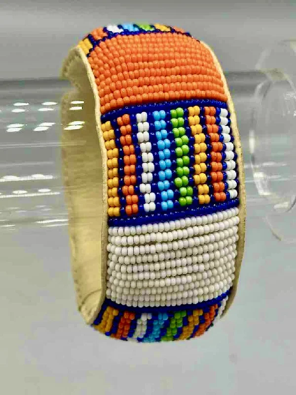 Fiber edge bangles-Squares & Stripes Design Wide Beaded Leather Bracelet - Mali