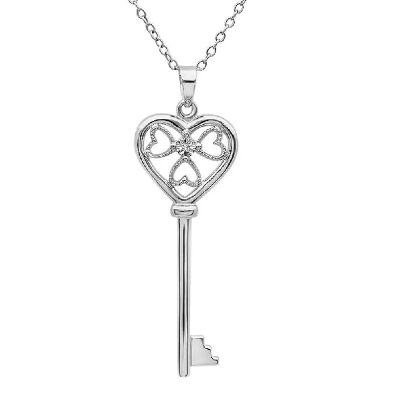 Birch wood necklaces-Diamond Key To Hear Heart Pendant Necklace in Sterling Silver 18 inch