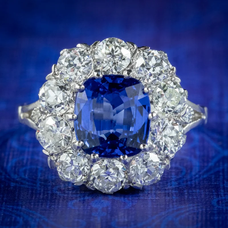 Petal design rings-Edwardian Style Sapphire Diamond Cluster Ring 3.25ct Sapphire