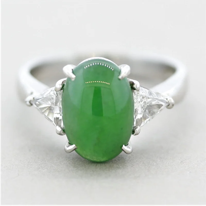 Flat bow rings-Jadeite Jade Diamond 3-Stone Platinum Ring