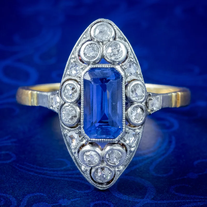 Onyx inlay rings-Antique Victorian Sapphire Diamond Navette Ring 1.2ct Sapphire