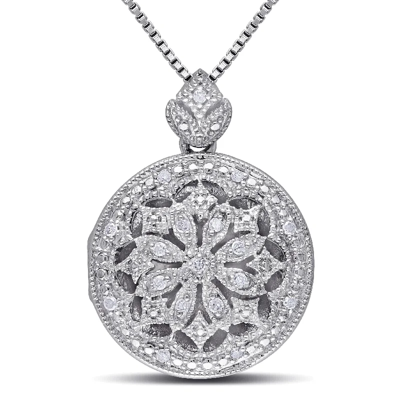 Fine bead necklaces-Miadora Sterling Silver 1/10ct TDW Diamond Vintage Floral Locket Necklace - 23.7 mm x 18 in x 17.1 mm