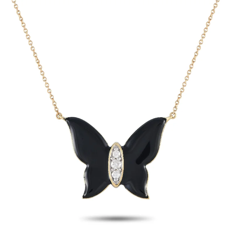 Polished bead necklaces-Yellow Gold 0.10ct Diamond and Onyx Butterfly Necklace PN15297 Length 18 Inch