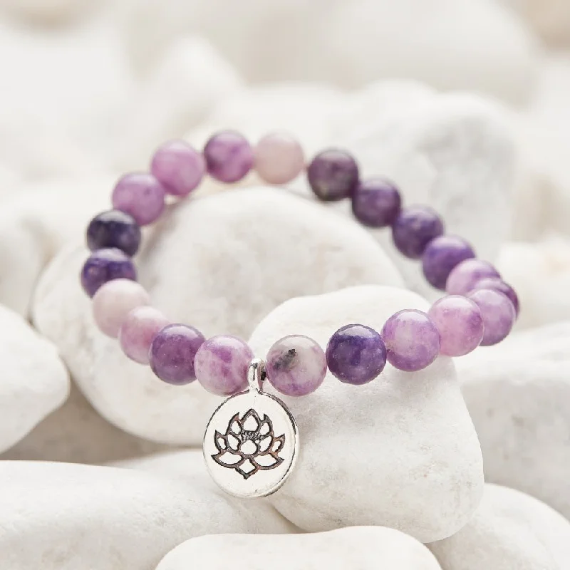 Shiny bead bangles-Purple Lepidolite Crystal Charm Bracelet