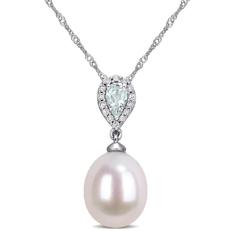 Plaited knot necklaces-Miadora 10k White Gold Cultured Freshwater Pearl Aquamarine and Diamond Teardrop Halo Necklace (9-9.5 MM)