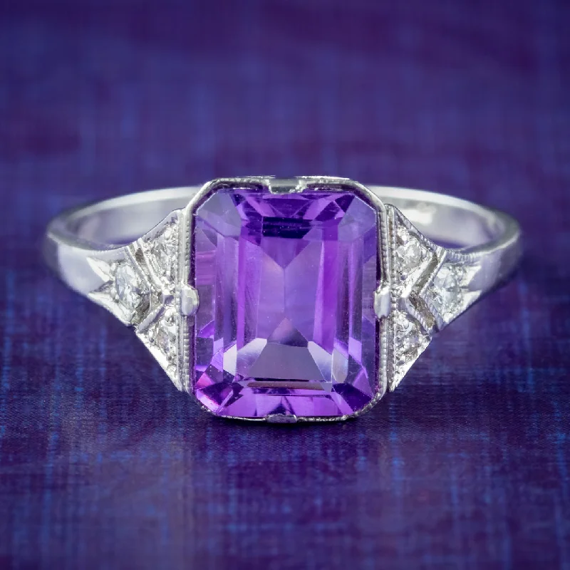 Beaded gem rings-Art Deco Style Amethyst Diamond Ring 2.8ct Amethyst