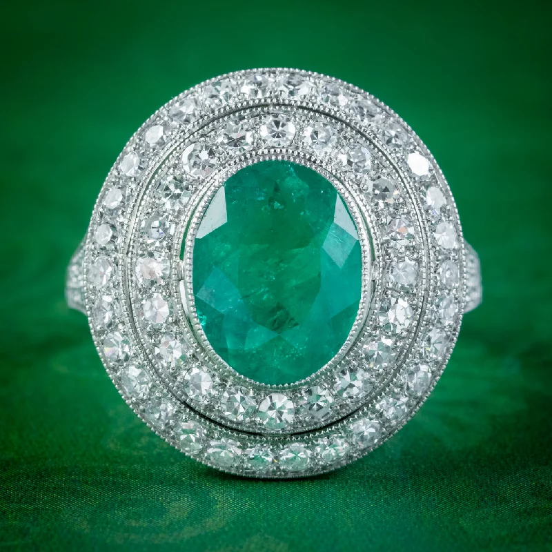 Dove feather rings-Art Deco Style Emerald Diamond Cocktail Ring 2.39ct Emerald