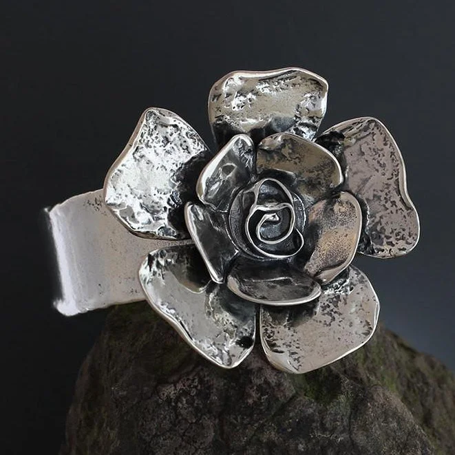 Solid stone bangles-Large Double Petal Rose Flower Cuff Bracelet