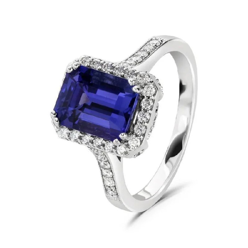 Light clay engagement rings-18ct White Gold Octangonal Cut Tanzanite & Diamond Halo Cluster Ring with Diamond Shoulders