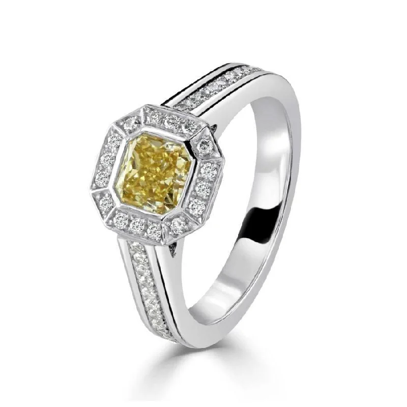 Silk braid engagement rings-Platinum Asscher Cut Fancy Yellow Diamond & Diamond Halo Cluster Ring with Diamond Shoulders