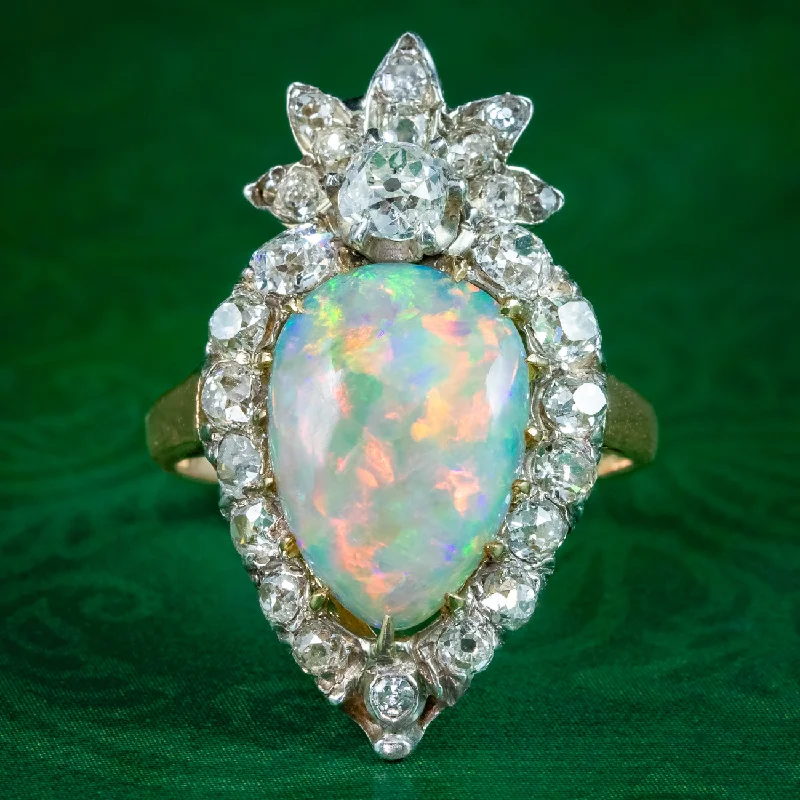 Petal carved rings-Antique Victorian Opal Diamond Cluster Ring 5.5ct Opal