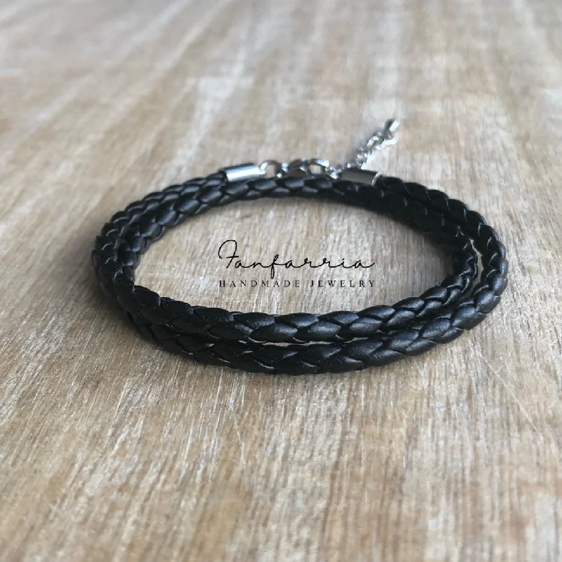 Raven feather bangles-Florida Keys Black Vegan Leather Wrap Bracelet