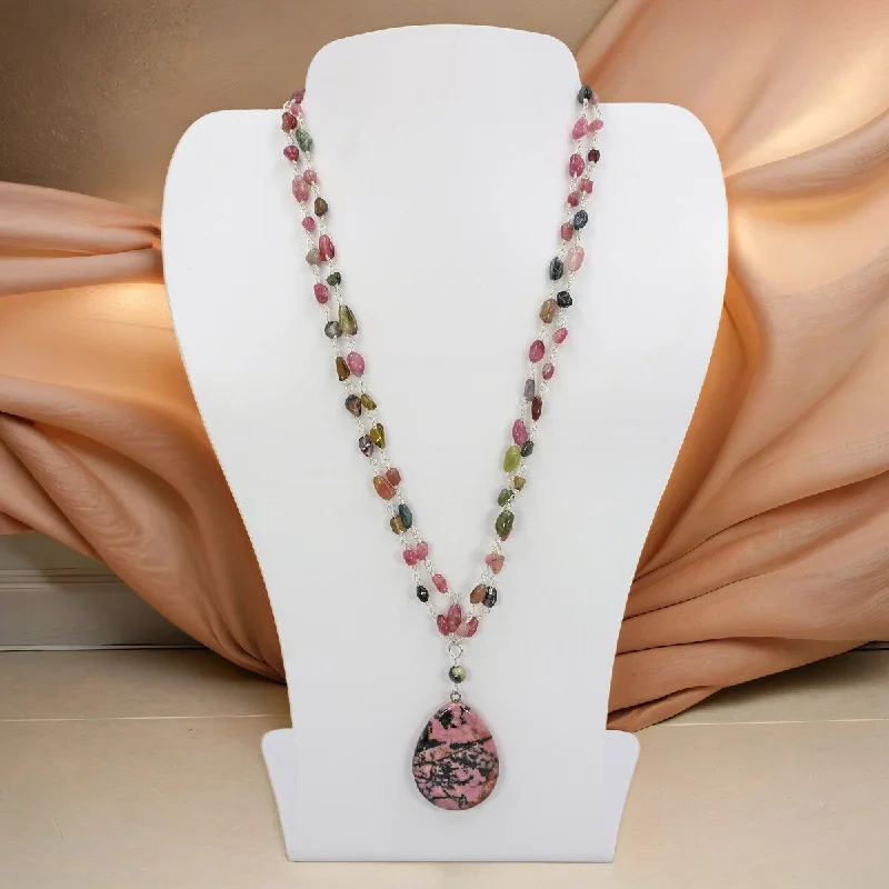 Bamboo braid necklaces-Tourmaline and Rhodonite Pendant Necklace