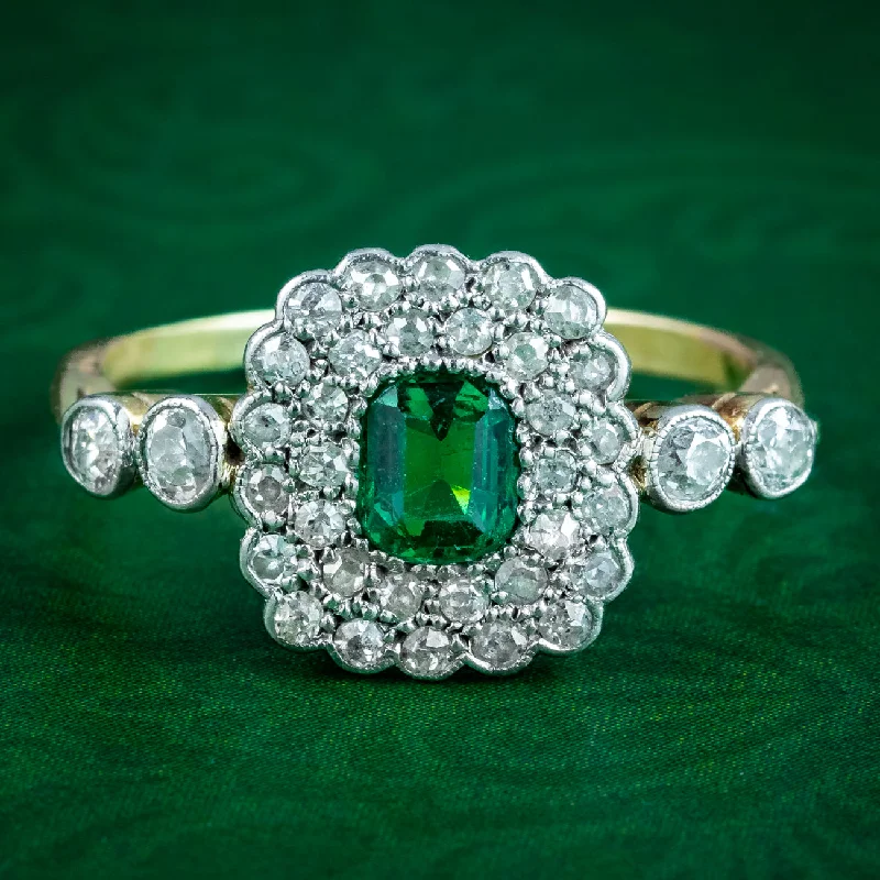 Fox motif rings-Antique Victorian Emerald Diamond Cluster Ring 0.60ct Emerald