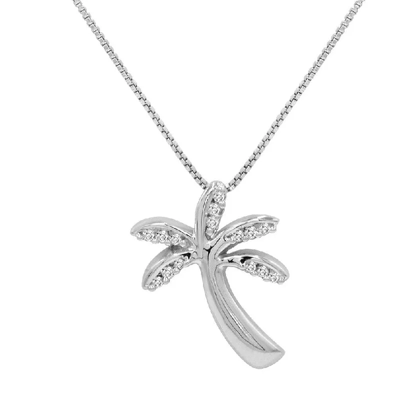 Polished name necklaces-Diamond Palm Tree Pendant Necklace in Sterling Silver on an 18 in. Sterling Silver Box CHain