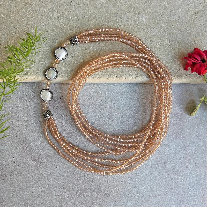 Layered chain necklaces-Multi Strand Glass Crystal Beads Pearl Druzy Necklace - Champagne