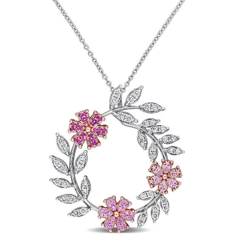 Bold druzy necklaces-Miadora 5/8ct TGW Sapphire 7/8ct TW Diamond Leaf-Flower Necklace in 14k White Gold