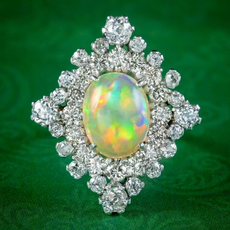 Subtle accent rings-Antique Art Deco Opal Diamond Cluster Ring 3.5ct Opal